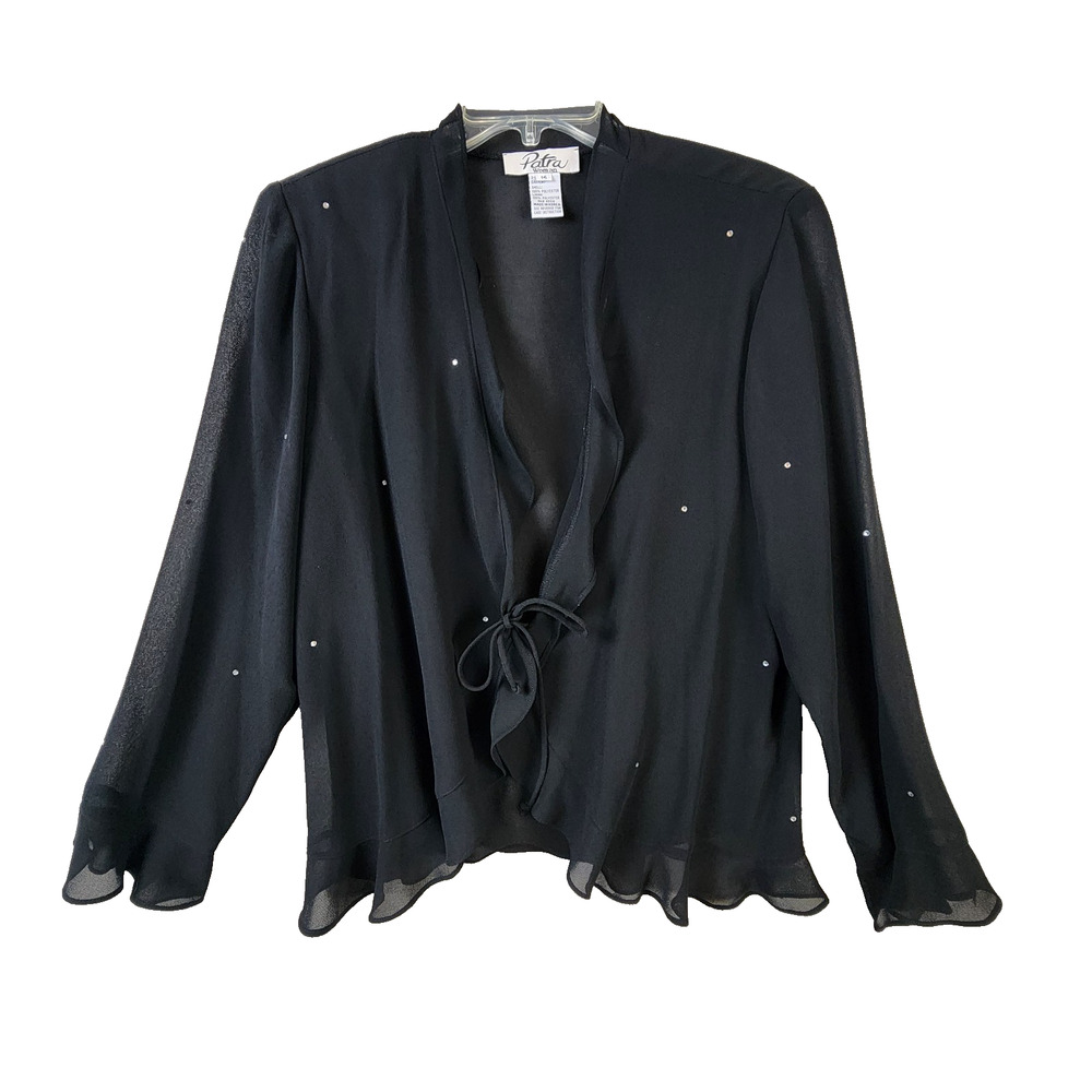 Patra Cardigan Women 14 Black Sheer Ruffle Open Front Tie Rhinestone